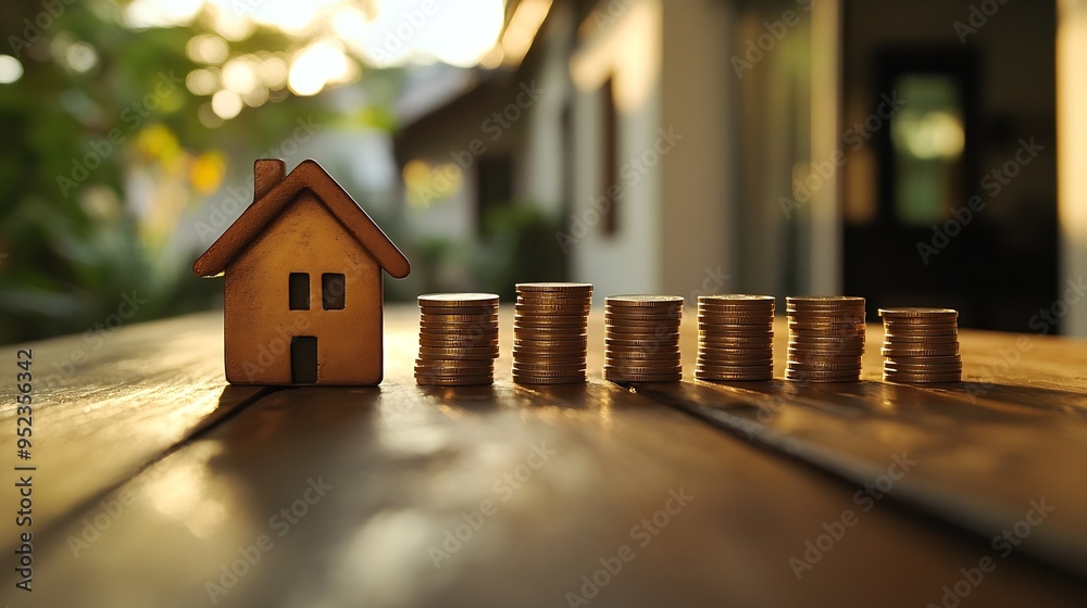Poster Wood house and row of coin money on wood table and  selective focus Planning to buy property Choose whats the best A symbol for construction ecology loan concepts : Generative AI