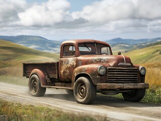 Weathered Vintage Pickup Truck Driving Down Scenic Country Road