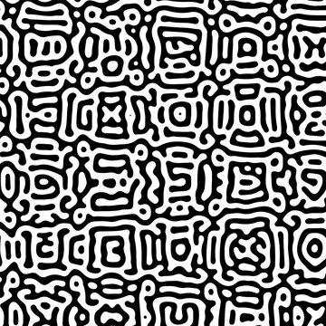 Monochrome abstract tribal maze seamless pattern with organic line shapes in black and white design