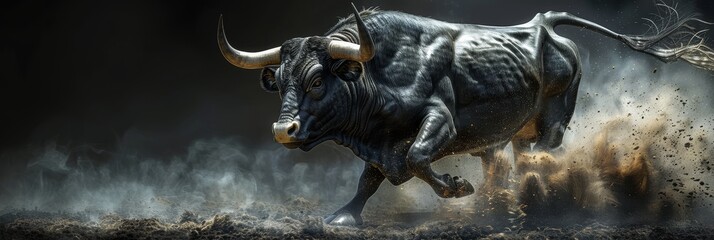 Obraz premium Fierce Bull Charging Forward Symbolizing Stock Market's Rise with Intense Dark Background