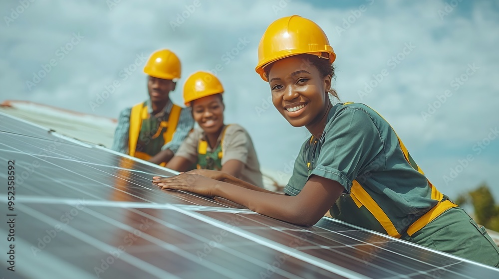 Poster electrical engineering team man and woman worker installing solar cell panels on roof solar energy c