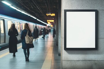 A subway station with a blank advertisement board and passengers waiting for the train.