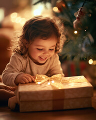 Child opening a beautifully wrapped Christmas present