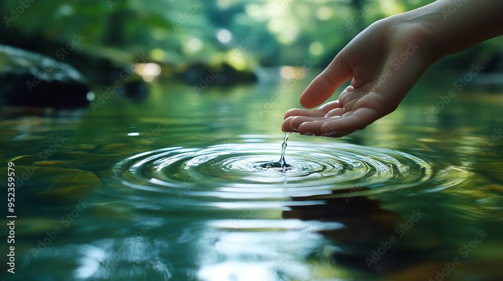 Fototapete hand is dipping into a body of water creating ripples in the water the scene is peaceful and calming