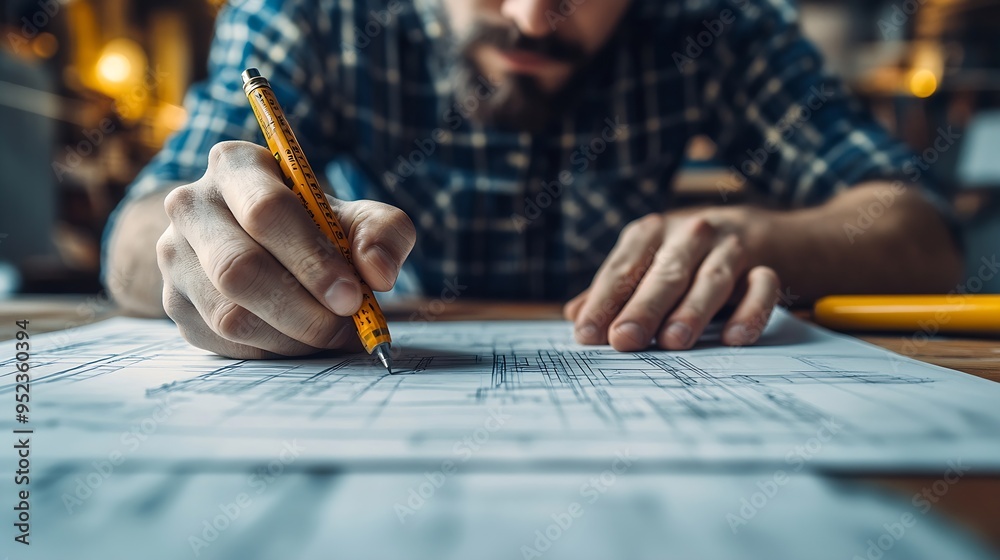 Poster Architecture Man drawing on architectural Creative project business architecture building construction Industrial engineering Achievement Planning Design on eco blueprint : Generative AI