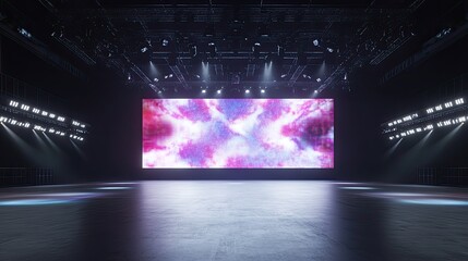 An empty concert stage with a large LED screen displaying abstract visuals, surrounded by dynamic lighting effects.