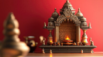 Obraz premium Traditional Hindu altar with space for text. Place of worship in homes.