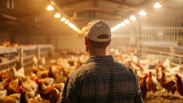 A farmer observes a large group of chickens in a well-lit poultry barn
