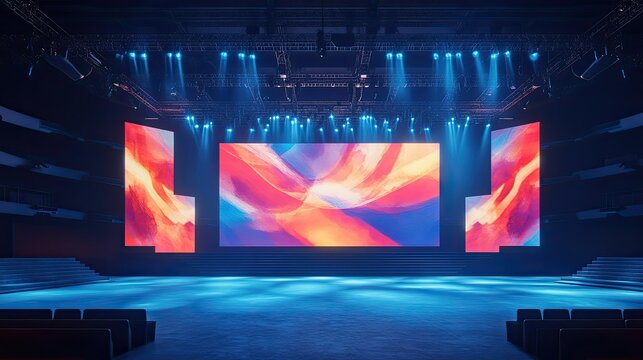 An empty concert stage with a large LED screen displaying abstract visuals, surrounded by dynamic lighting effects.