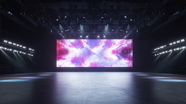 An empty concert stage with a large LED screen displaying abstract visuals, surrounded by dynamic lighting effects.