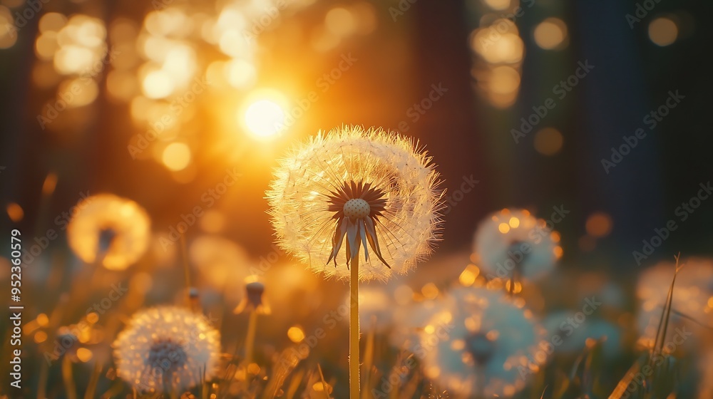 Leinwandbilder White dandelion in a forest at sunset Macro image shallow depth of field Abstract summer nature background : Generative AI