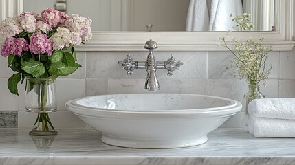 Bathroom sink with a vintage faucet, marble countertop, and classic design elements, set in a beautifully decorated bathroom.