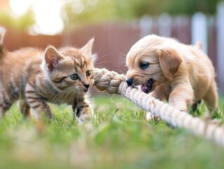 Obraz premium A kitten and puppy playing tug-of-war with a rope toy in a backyard