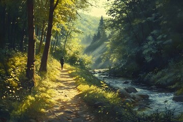 Serene Forest Trail with Sun Dappled Foliage and Meandering Stream Hiker Exploring Tranquil Outdoors