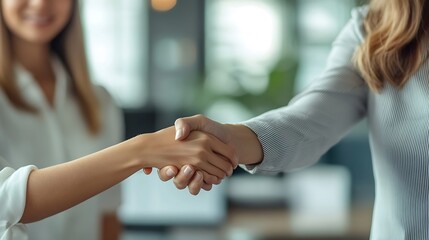 Obraz premium Company owner hand shake on a meeting with two of her employees in her office : Generative AI