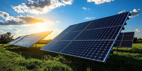 Solar Panels Against Blue Sky and Fluffy Clouds