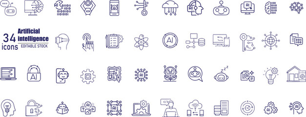 Artificial intelligence set of web icons in line style. AI technology icons for web and mobile app.