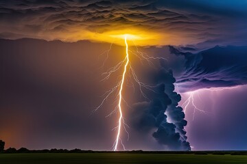Fototapeta premium Dazzling Yellow Lightning Strike Over a Colorful Electric Storm