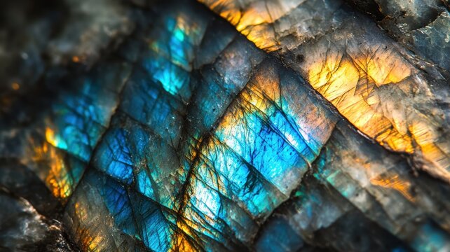 Close-up of labradorite stone with rich blue and gold iridescent patterns.