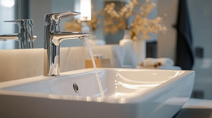 Close-up of a high-end bathroom sink with a waterfall faucet, sleek countertop, and stylish fixtures in a luxurious setting.