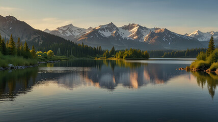 A peaceful mountain landscape with rolling hills, a calm lake, and snow-capped peaks bathed in morning light. Background