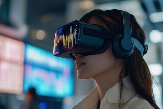 Woman is wearing a virtual reality headset and looking at the stock market data.