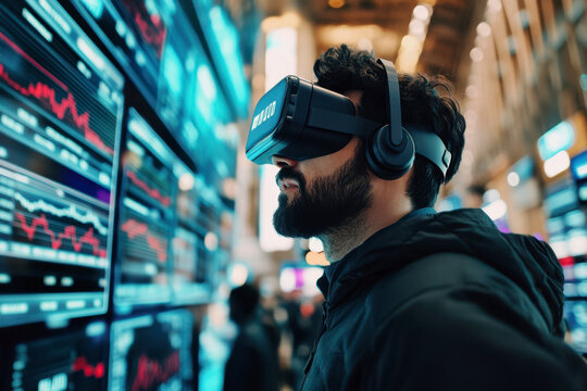 man is wearing a virtual reality headset and looking at the stock market data.