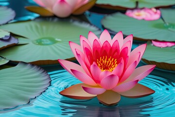 Exotic Pink Lotus Blooming on Shimmering Aqua for Tranquility and Beauty