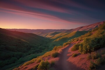 Mauve Valley Trek at Sunset: A Conceptual Landscape of Warm Lush Greenery and Expansive Illumination