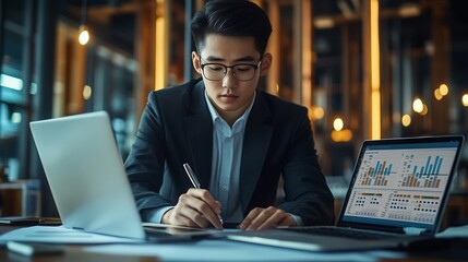 Fototapeta premium Business accountant working on laptops in the office Man in a suit and glasses sitting at his office desk using two notebook computers working with data sheets and checking information : Generative AI