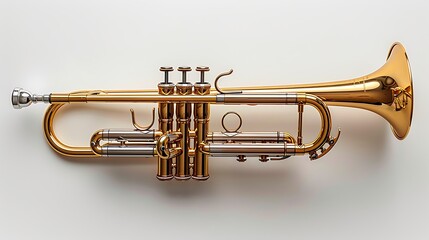 Obraz premium A shiny gold trumpet lies on a white background.