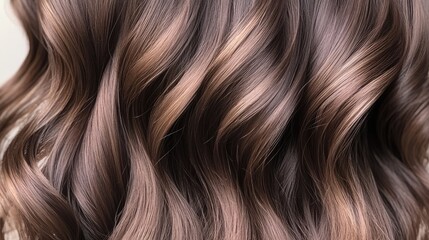 Naklejka premium Close-up of wavy brunette hair cascading over the shoulders, with soft curls framing the face, showing texture and shine.