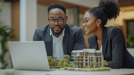 Attractive Asian businessman and African American female real estate and land investor talk discussing together on table with laptop and small building model Reserve fund : Generative AI