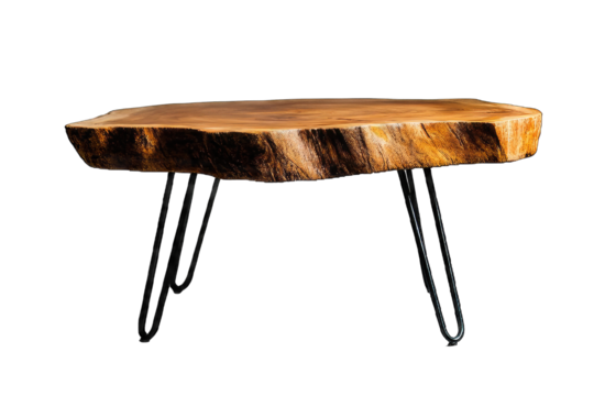 Unique wooden table with a natural edge and sleek metal legs, ideal for rustic or modern interior design.