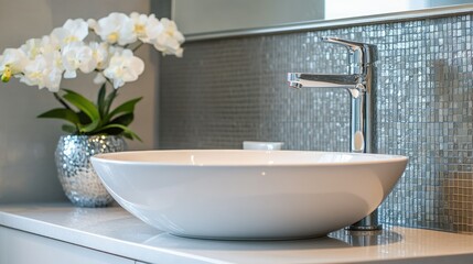 Contemporary bathroom sink with a round basin, wall-mounted faucet, and elegant tile backsplash, adding sophistication to the space.