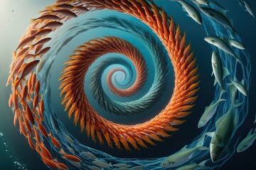 Enchanted Spiral School of Fish Showcasing Seamless Vibrant Aquatic Patterns