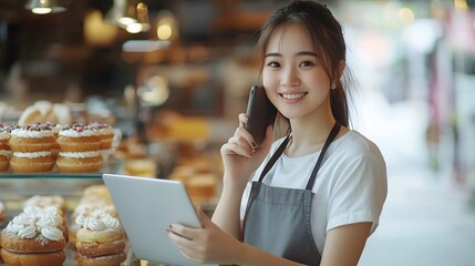 Young asian female Business owner in apron using laptop and talking to clients on the phone by workplaceOrganization of Work in the Field of Deliveryselling bakery online : Generative AI