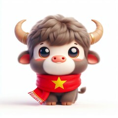 Naklejka premium cute 3d fluffy buffalo character with red Vietnamese style scarf