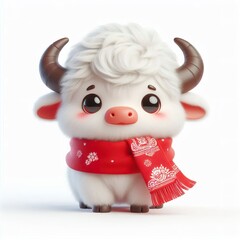 Fototapeta premium cute 3d fluffy buffalo character with red Vietnamese style scarf