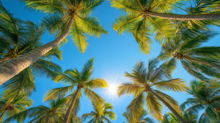the tops of palm trees on the blue clear sky