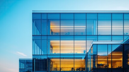 Obraz premium Contemporary office building with large glass windows, clean lines, and a minimalist design, located in a bustling city.