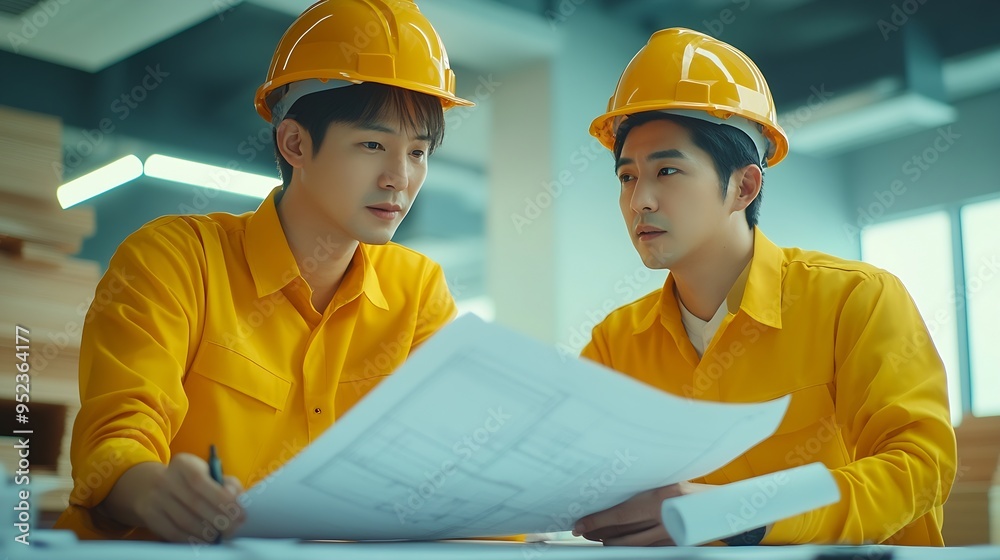 Poster Two Asian professional engineers are discussing construction blueprints wearing yellow shirts doing big work and discussing large white plan paper on the table in the office : Generative AI