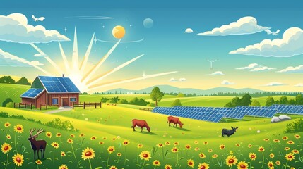 Renewable energy cartoon vector farm with rooftop solar cells in a lively agricultural setting with fields and animals