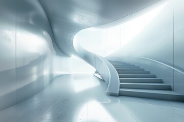 Obraz premium A modern architectural staircase in a sleek, minimalist space, illuminated by soft natural light and featuring smooth curves.