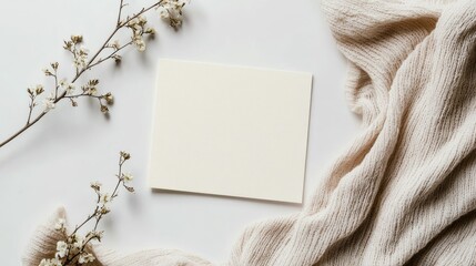 Blank card mockup with white flowers and beige fabric.