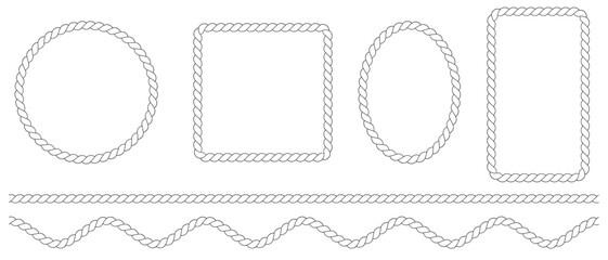 Set of rope borders in the shape of square, wave, circle and oval isolated on a white background. Vector design element of rope brush.