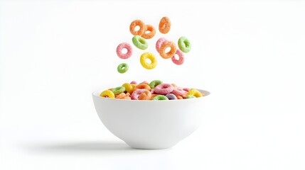Vibrant Cereal Floating on Minimalist White Background in Photograph