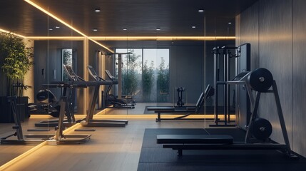 Fototapeta premium Functional home gym with modern equipment, mirrored walls, and a clean, organized layout, perfect for workouts and fitness routines.