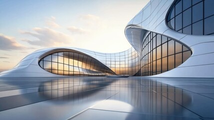 Futuristic building with an innovative design, featuring curved lines and reflective surfaces in an urban setting.