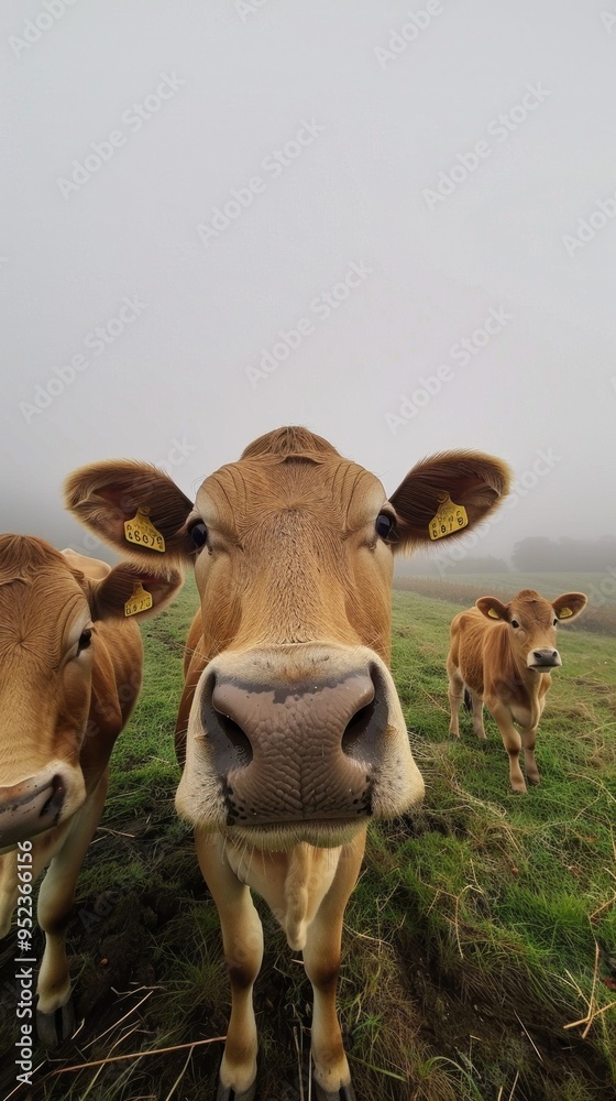 Poster a cow with a tag on its nose is looking at the camera